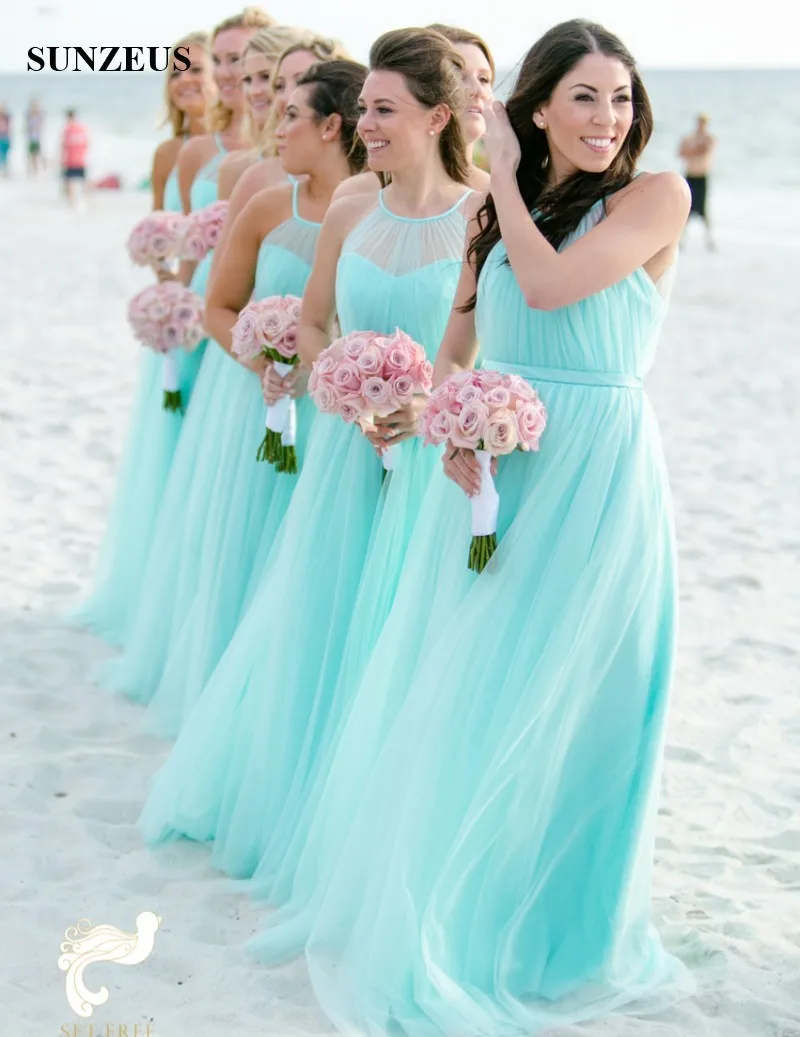 Belles robes de demoiselle d'honneur turquoise longues robes de soirée de mariage en tulle une ligne bretelles spaghetti plage robes formelles robe couleur Turquesa