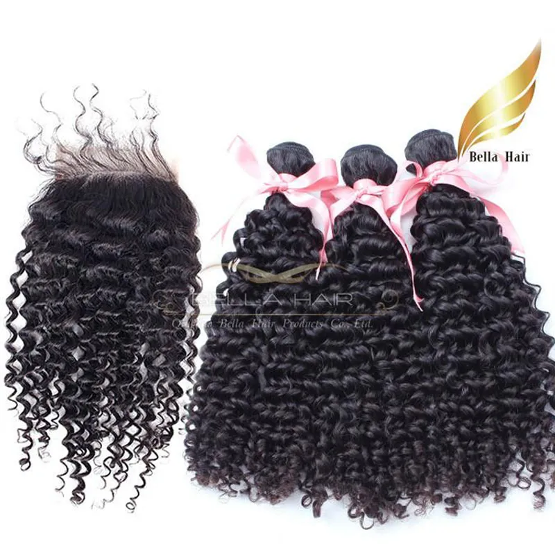 Peruvian Hair Closures Human Hair Weave Curly Wavy Hair Bundle With Lace Closure(4x4) Natural Color 4pcs/lot Bellahair