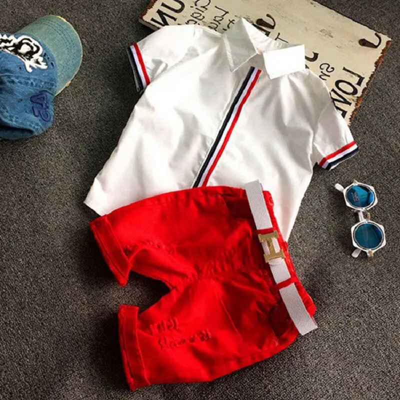 2016 여름 패션 소년 의류 아동 복장 짧은 소매 줄무늬 셔츠 + 반바지 세트 사랑 스럽다 베이비 양복 2 색 무료 배송
