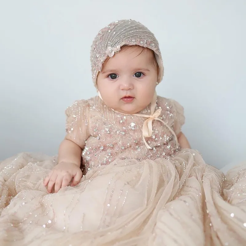 Bling Bling Champagne Baby Christening Gowns Full Sequins Baptism Outfits Bead Formal Infant Girl Wear With Bonnet