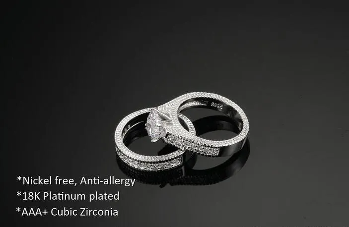 Silver Color Luxury 2 rodadas Anel de casamento de moda Conjunto de jóias de zircônia cúbica para mulheres Chirstmas Gift 220i