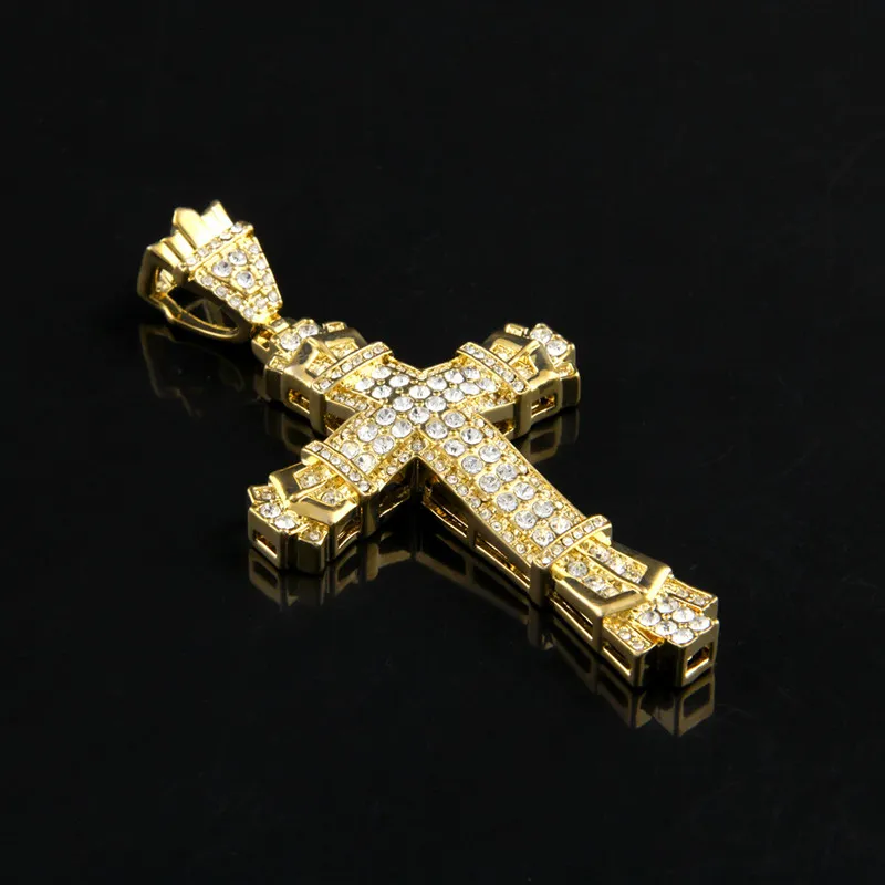 Herren Bling Iced Out 18K vergoldete Hip Hop Strass Kristall Kreuz Anhänger Halskette Kubanische Gliederkette Herren Schmuck HalskettenPend177n