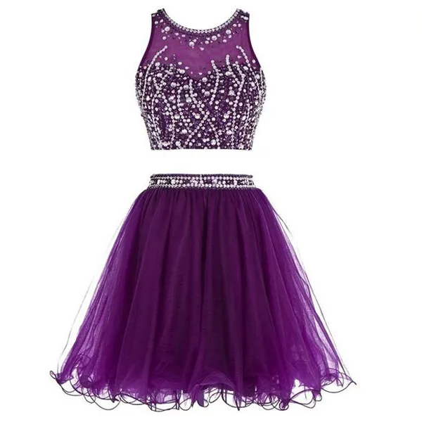 Stunning Short Two Piece Prom Dress Black Purple Tulle Homecoming Dressed Keyhole Back Zipper Beads Crystals Party Dresses