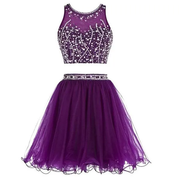 Impressionante Curto Dois Peça Prom Vestido Preto Roxo Tulle Homecoming Vestido Keyhole Vestido Zíper Beads Cristais Vestidos De Festa