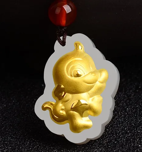 Collier et pendentif de talisman de singe de dessin animé du zodiaque chinois en jade incrusté d'or