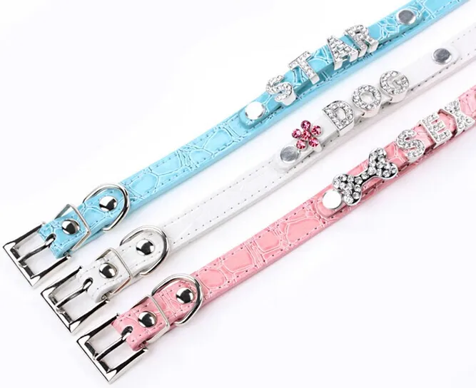 20 pçs / lote 5 cores pu couro de couro de crocodilo pet cat dog collar com barra de slides fit para 10mm diy slide carta slide charme