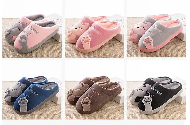 mens Winter Slippers Cartoon Cat Non-slip Soft Warm Indoor Bedroom Loves Couple Floor Shoes