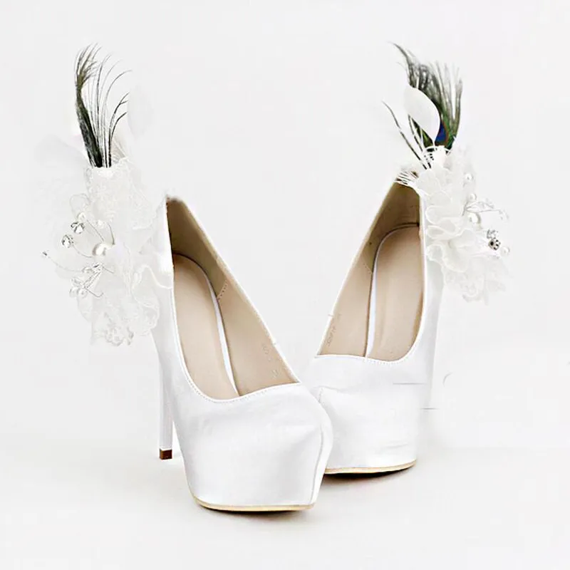 Luxury Appliques and Feather Women High Heels White Satin Wedding Shoes 5.5 Inches Heel Fashion Platform Mother of Bride Shoes