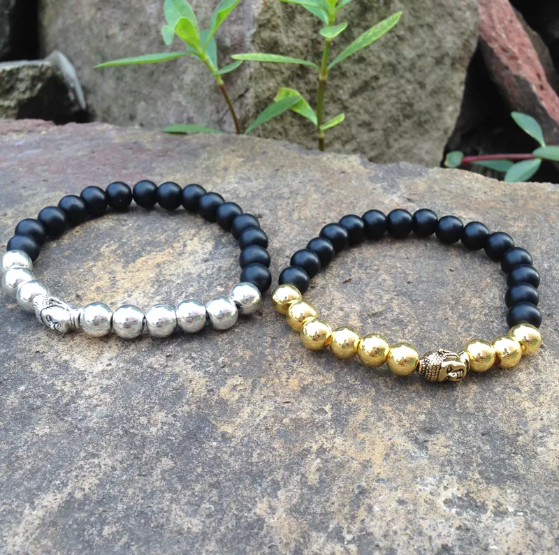 SN0379 Guld Silver Pärlor Armband Guld Buddha Head Matte Black Onyx Stone Armband Metallpärlor Yoga Smycken