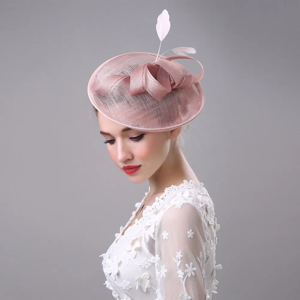2017 Women Bridal Hat Linen med Feather Lady Chic Fascinator Hat Cocktail Wedding Party Church Headpiece Hair Accessories4040045