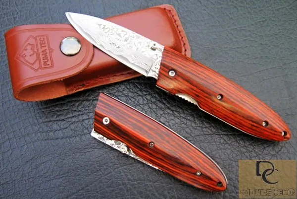 El yapımı DK032 Klasik Furuta DAMASCUS katlanır bıçak DAMASCUS Blade Renk ahşap kolu deri kılıf ile Yüksek kalite