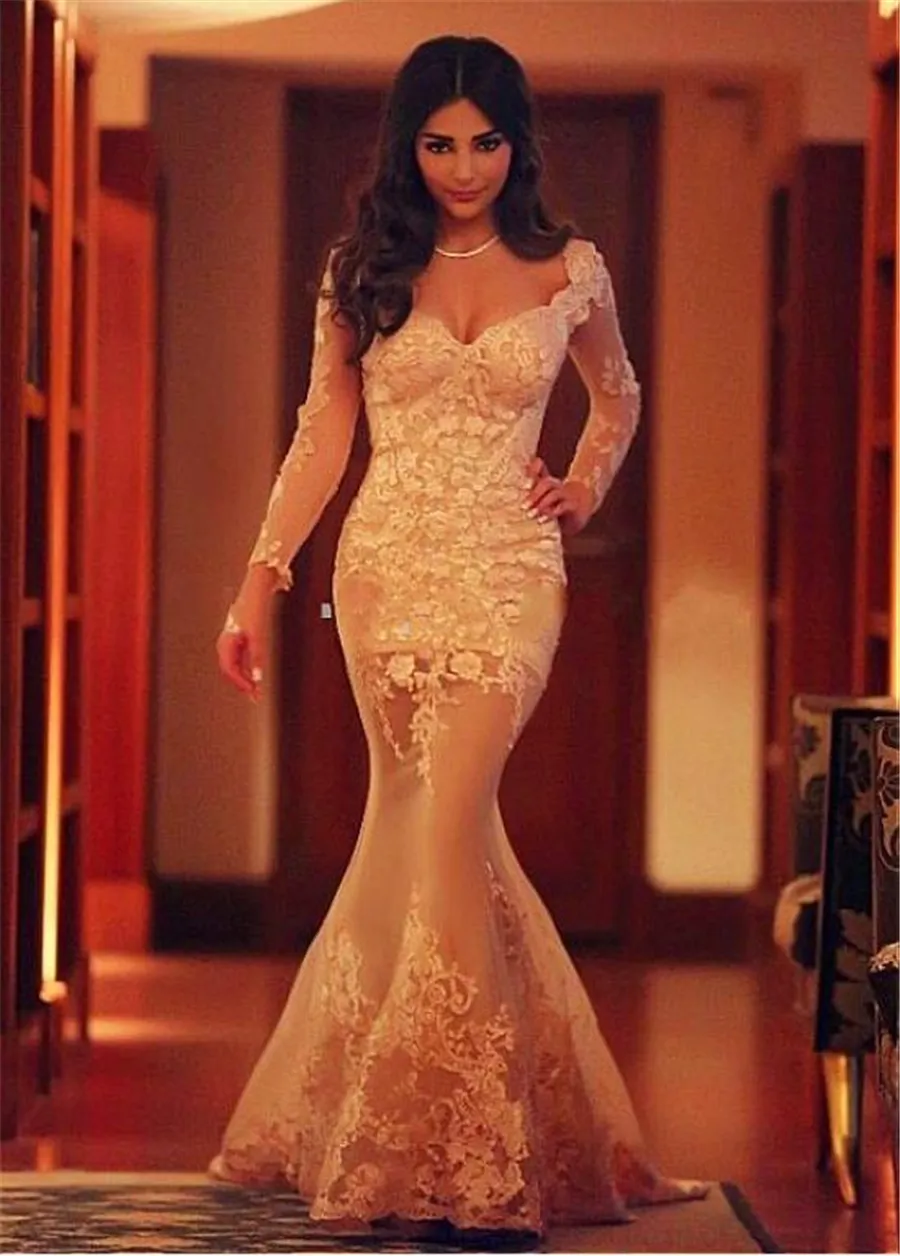 Queen Anne Lace Mermaid Evening Gown: Long Sleeves, Champagne Elegance.  Shop Now! from Dhgate Prom Dresses - price 118.41