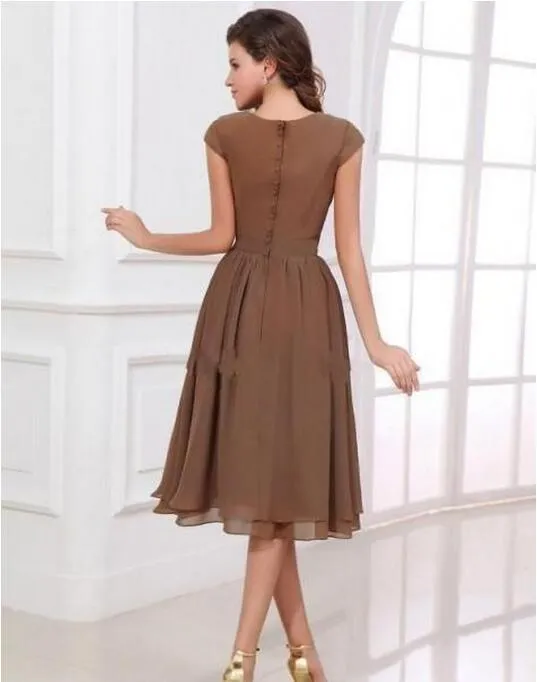 Simple Modest Short Chiffon Cheap Bridesmaid Dresses Short Sleeves Crew Neck A-line Wedding Guests Gowns Knee Length Charming Prom Gown