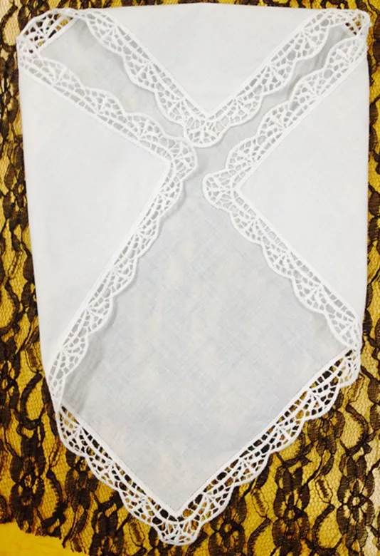 British classical style White 100%cotton Ladies Handkerchiefs12"x12"Elegant Embroidered crochet lace edges For Bride