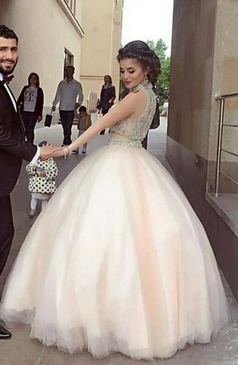 2017 Due Pezzi Lussuoso Principessa Prom Dresses Cristalli Pietre Perle Collo Alto Abiti di Promenade Sexy Vestito Da Compleanno Abiti Del Partito Organza