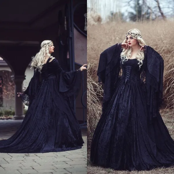 New Arrival Gothic Wedding Dresses High Quality Black Full Lace Long Sleeved Medieval Bridal Gowns Lace-up Back with Train