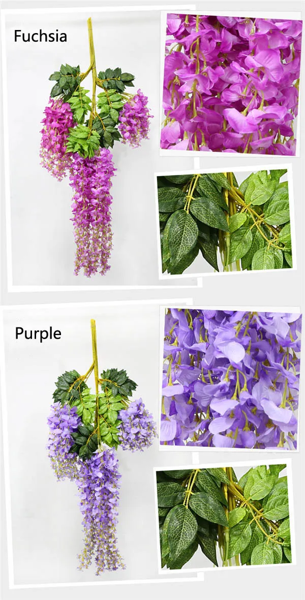 Flores artificiais românticas Simulação Wisteria Vine Decorações de casamento de seda curta de seda curta Bouquet Bouquet Garden Bridal A7772414