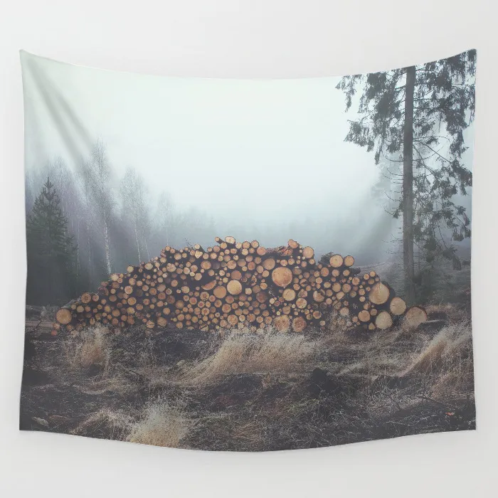 Holznebel Wald Wandbehang Stoff dekorative Landschaft Tapisserie Polyester nordisches Dekor trendiges bedrucktes Tenture