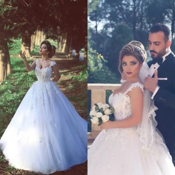 Stunning Ball Gown Wedding Dress Bridal Gowns Arabic Puffy Brides Wear Illusion Top Sheer Lace Straps Beads Crystals Appliques Tulle