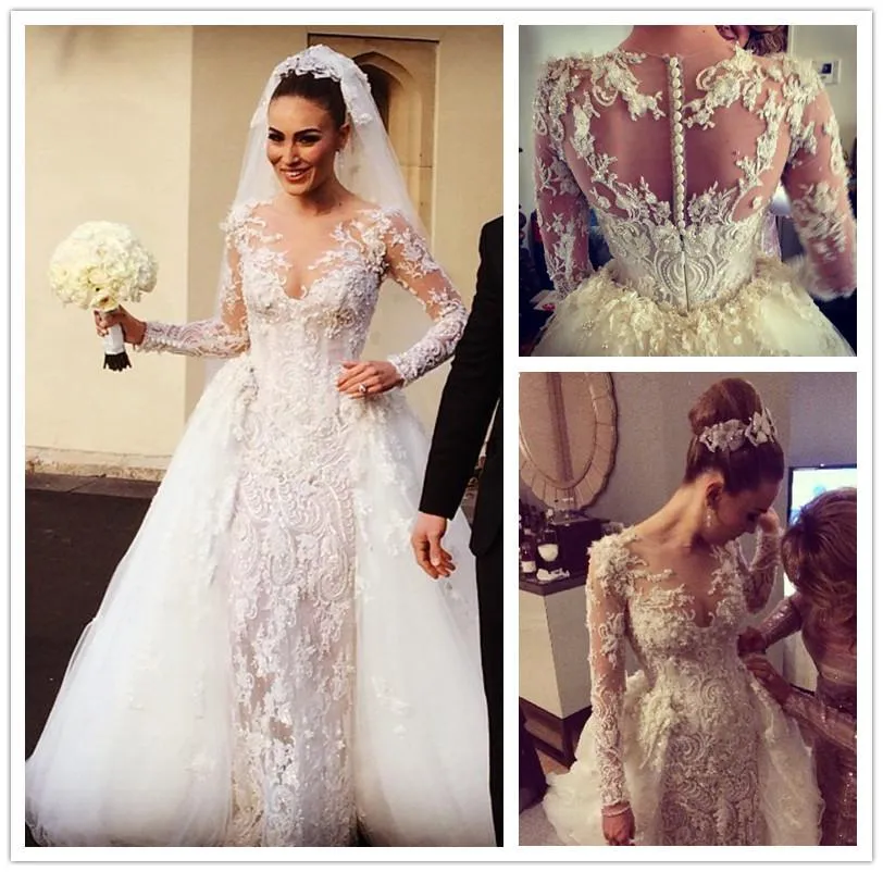 Gorgeous Lace Applique Wedding Dresses With Detachable Train 2017 Sheer Neck Long Sleeve Back Covered Buttons Pearls Beaded Bridal Gowns