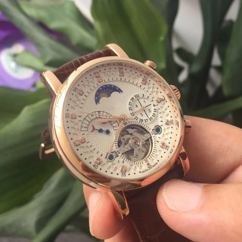 orologi da uomo di lusso business Orologio automatico meccanico delle migliori marche Cinturino in vera pelle Diamond day date Orologi da polso con movimento Moon Phase uomo Regalo la festa del papà