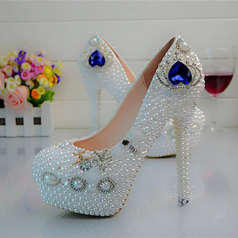 Blanc perle bleu cristal chaussures à talons hauts femmes nouveau concepteur à la main chaussures de mariage couronne strass dame heureuse chaussures de bal