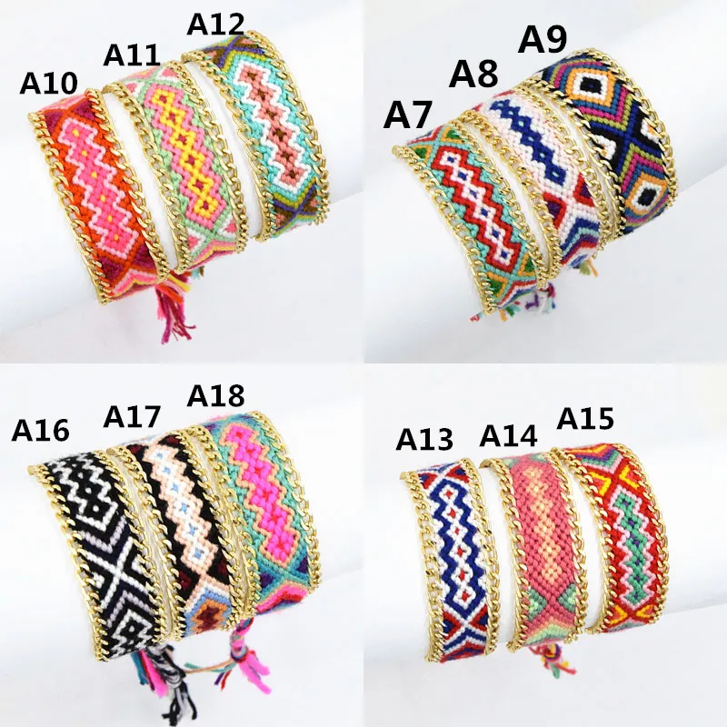 12 Colors Mixed Vintage Style Cotton Knitted Unisex Friendship Bracelets Bohemian Style Geneva Gold Chain Bracelet Friendship Bracelet