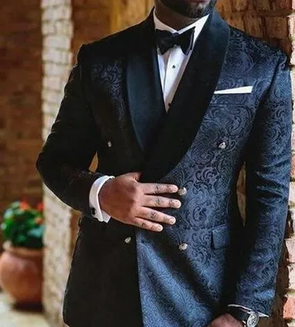 Svart Jacquard Tyg Män Blazer Jacket Side Vent Groom Tuxedos Man Prom Business Passits (Jacket + Byxor + Tie)