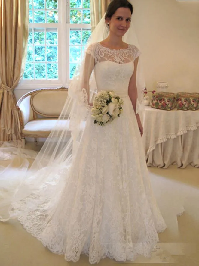 Rocznik Koronki Suknie Ślubne Cap Sleeve Jewel Sukienka Dla Nowożeńców Robe de Mariage Proste suknie ślubne Vestidos De Novia pokryte przyciskami