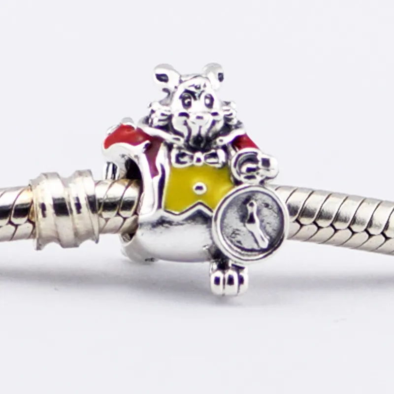 Charm-Perlen aus 925er-Sterlingsilber, weißes Kaninchen, rot-gelbe Emaille, passend für Pandora-Schlangenkettenarmbänder, Armreifen und Halsketten, europäischen Schmuck