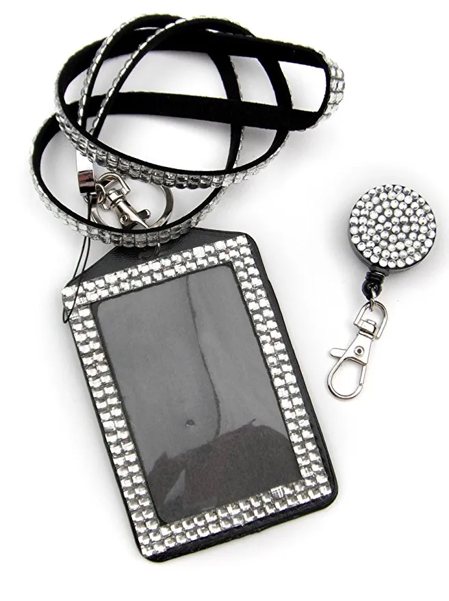 Strass Bling Lanyard Crystal Diamond Collier tour de cou avec porte-badge d'identification doublé horizontal et porte-clés pour carte d'identité/clé/téléphone portable