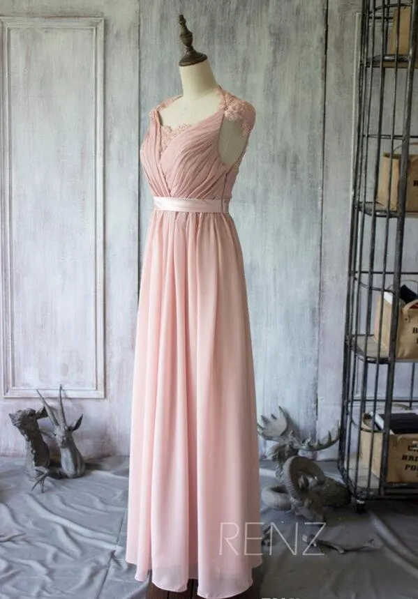 Skin Pink Lace Bridesmaids Formal Dresses V Neck Sexy Illusion Back Ruched Chiffon A Line Summer Beach Wedding Maid of Honor Party Gowns