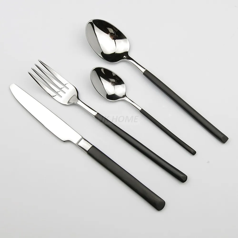 Jankng 4 Sztuk / partia Czarny Uchwyt Zestawy Flatware Gruby Ze Stali Nierdzewnej Polski Zestaw Sztućców Knife Spoon Fork Silverware Casual Obiad Zestaw