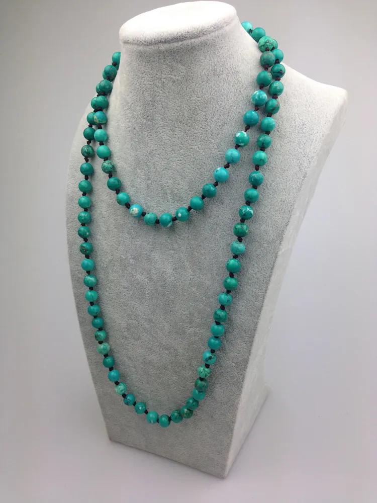 ST0005 Perle turquoise teintée de 8 mm faisant un collier en pierre verte de 42 pouces de long perles en pierre naturelle collier noué
