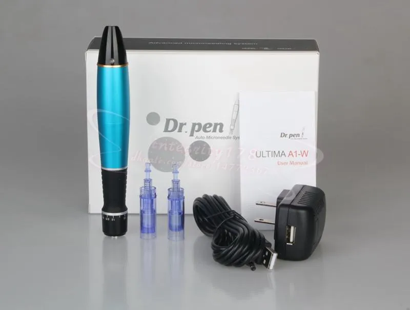 Dropship a1-w blå Dr. Pen Derma Pen Auto Micro Needle System Justerbara nållängder 0,25 mm-3,0 mm elektrisk dermapen stämpel