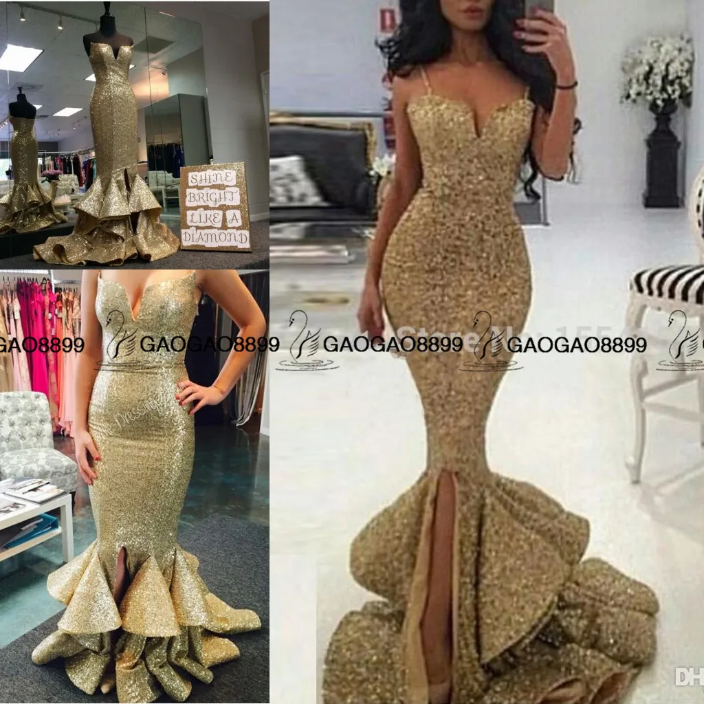 Real Photo Sparkly Spaghetti Straps Mermaid Long Gold Prom Dresses 2019 ...