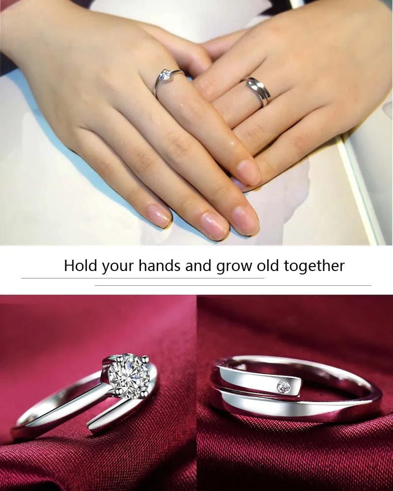 Engagement/Wedding 925 Sterling Silver Adjustable Size Ring Couple Rings Heart Crown Crystal Rings 