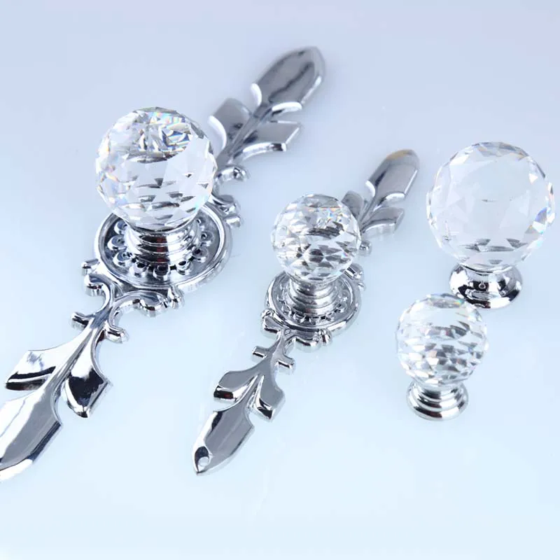 Mode luxe cristal clair commode armoires de cuisine porte poignées argent verre tiroir placard boutons tire moderne simple chrome216x