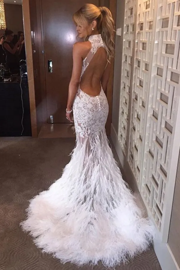 Sexy White Feather Prom Dress High Neck Halter Illusion See Through Lace Appliques Backless Evening Party Gowns Stunning Formal Gown