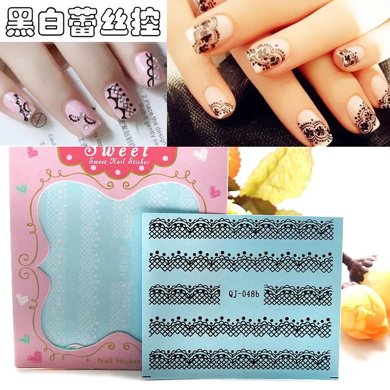 Qj-037-048 Manicure Watermark Black White Lace 24 Nail Decals Ny Ankomst Kvinnors Skönhet Verktyg Art Nail Stickers Gratis frakt