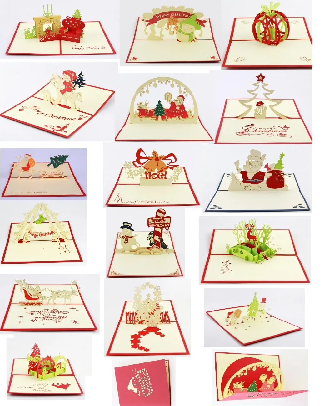 Groothandel 3D-wenskaart Kerstmis wenskaart Kerst decoraties pop-up wenskaart, 16 items gemengd per lot
