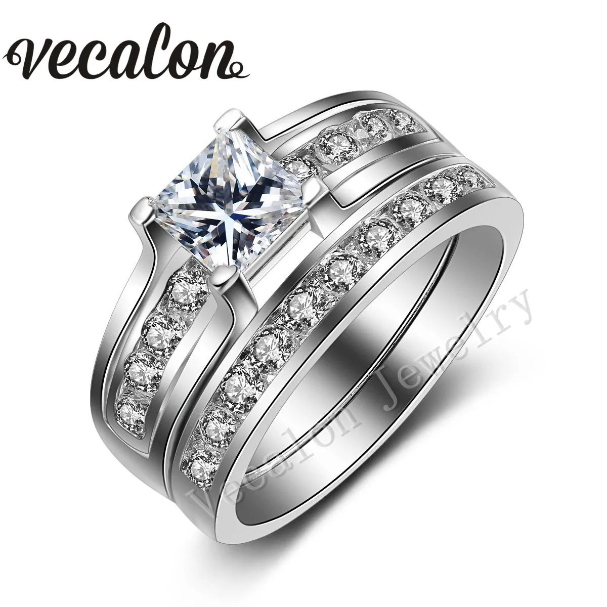 Vecalon Engagement Wedding Ring Set för Kvinnor Platinum Plated 1CT Simulerad Diamond CZ 925 Sterling Silver Kvinna Band Ring R104