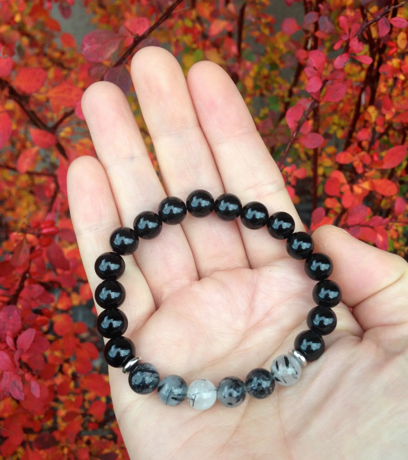 SN1055 Top Quality Preto Onyx Quartzo Rutilado Pulseira Cura Pulseira Coração Chakra Yoga Jewelry284S