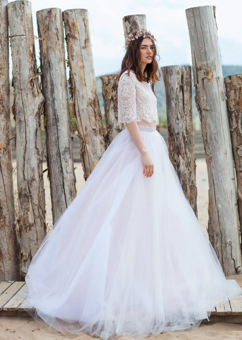 Rustic Sleeve Lace Crop Top 2 Piece Wedding Dress with Chiffon Skirt and  Pockets