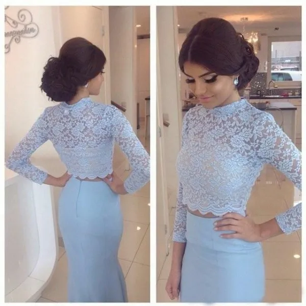 Stunning Fashion Two Pieces Prom Dresses Illusion High Neck Lace Crop Top Long Sleeves Mermaid Long Formal Evening Party Gowns