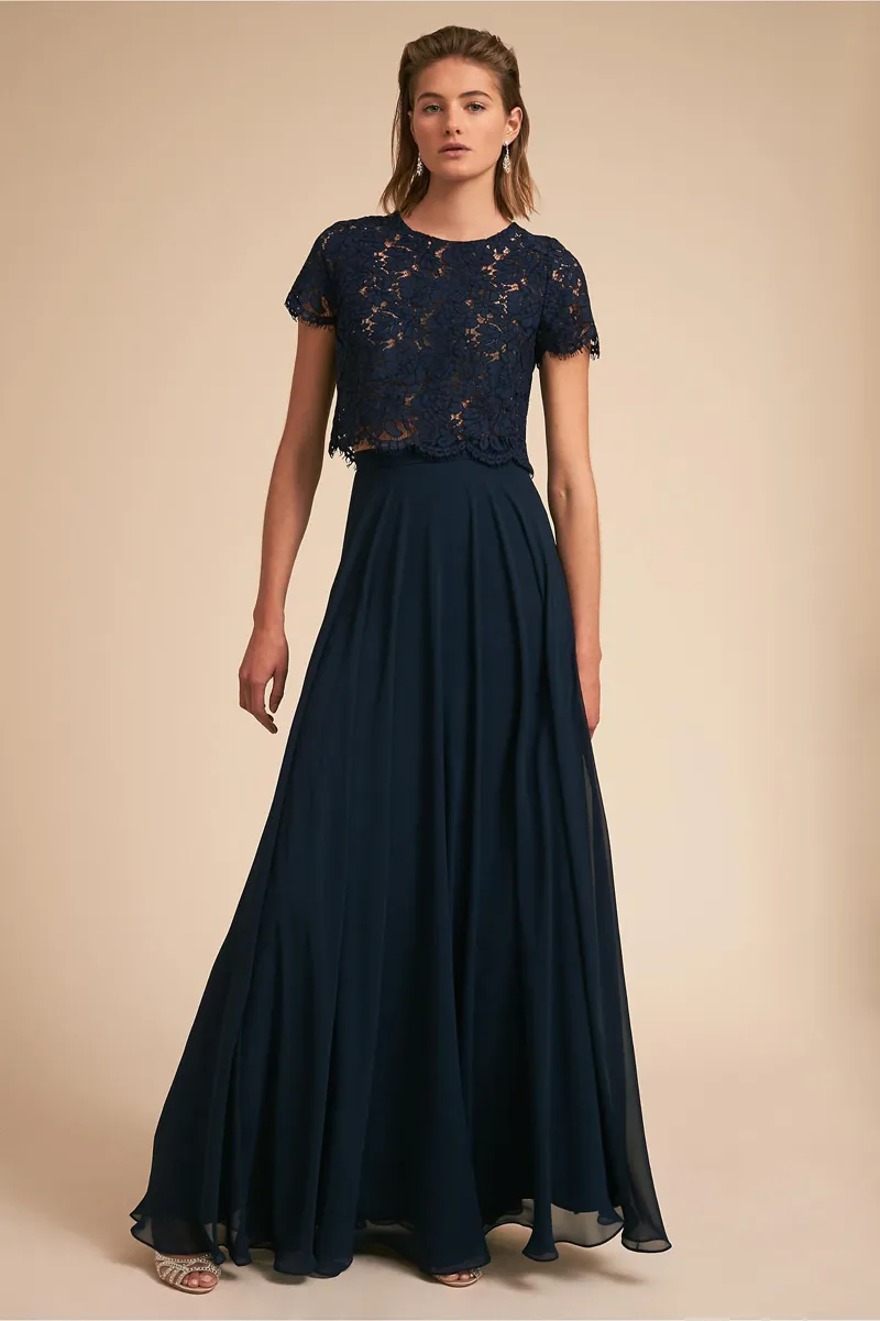 Custom Made Dark Navy Adrianna Papell Bridesmaid Dresses With Floral Lace Top And Chiffon Skirt Perfect For Weddings And Parties From Lpdqlstudio 73 DHgate.Com