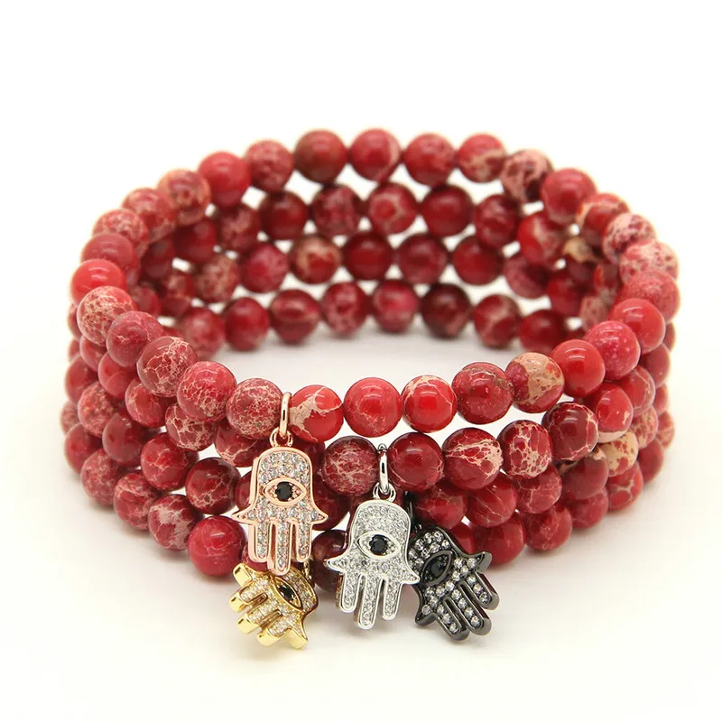 Biżuteria w całej kobiecie 6 mm Osad Morza Czerwonego Kamienne koraliki z mikro inkronami cyrkonem fatima ręka Bracelets2994
