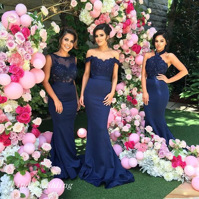 Navy blue bridesmaid dresses with pink flowers deals