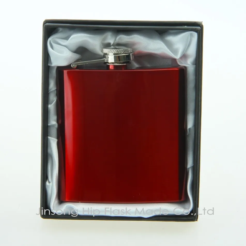 Color coated 6oz stainless steel hip flask in black gift box packing , white silk lined,personalized logo free, 18/8 S/S FOOD DEGREE