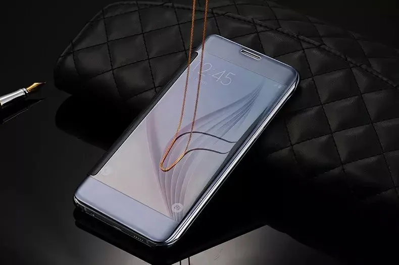 För Samsung Galaxy S7 Edge S6 Edge Plus S5 Luxury Smart Flip Slim View Electroplate Mirror Hard Clear Transparent Case Cover